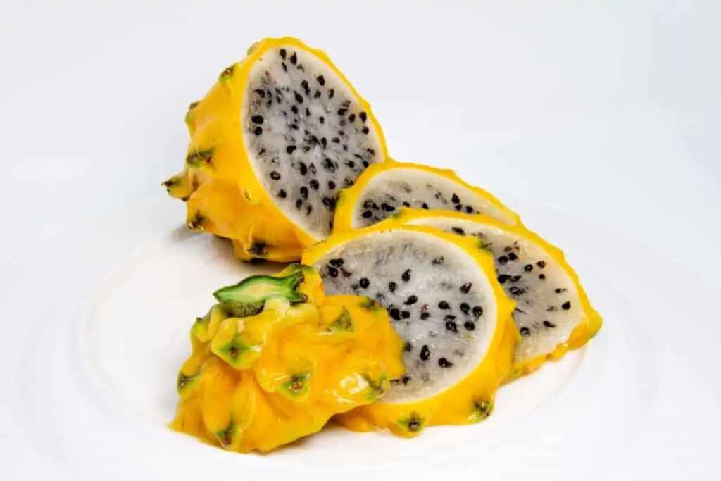 Yellow dragon fruit with yellow peel and white seeded flesh