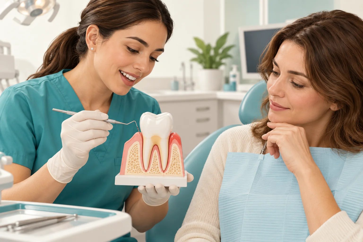 Dental professional explaining a gum model beside an unmarked periodontal probe