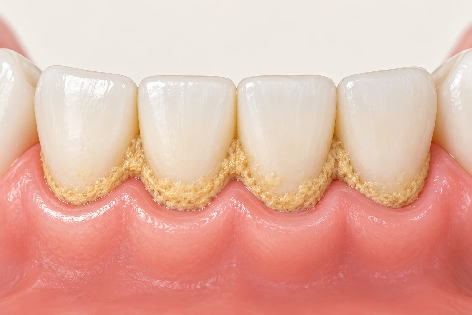 Schematic lower front teeth with pale yellow tartar along the gumline and between crowns