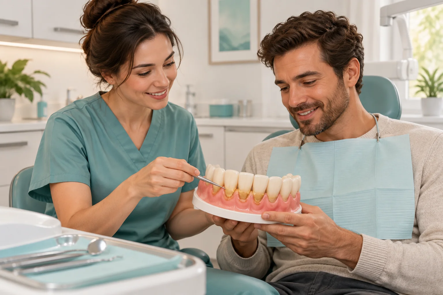 Illustration of a hygienist discussing a model with tartar deposits with a patient