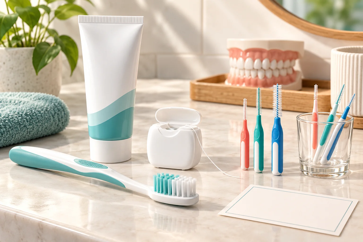 Soft toothbrush, unbranded toothpaste, floss and interdental brushes on a clean counter