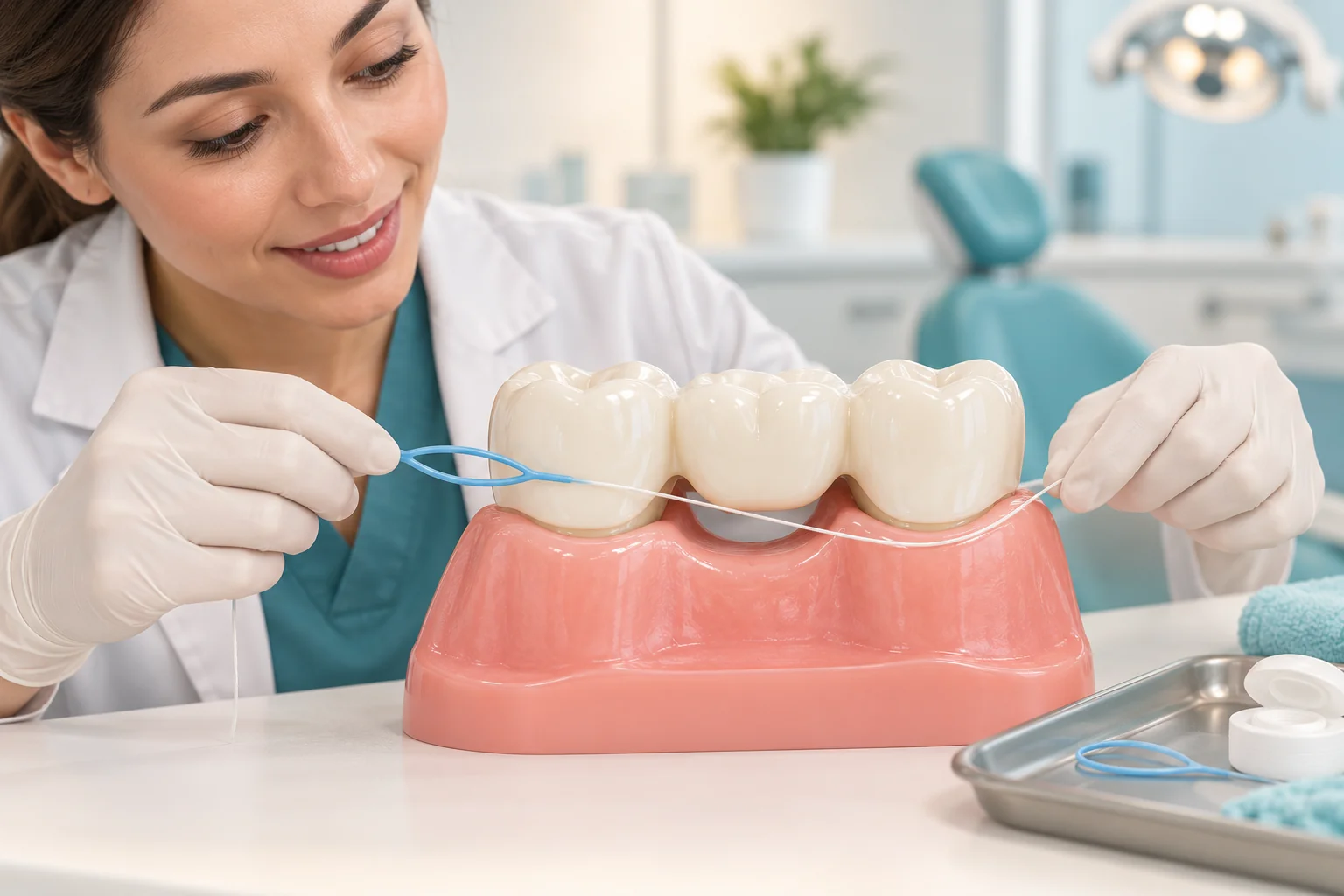Dentist demonstrating a floss threader beside a simplified dental bridge model