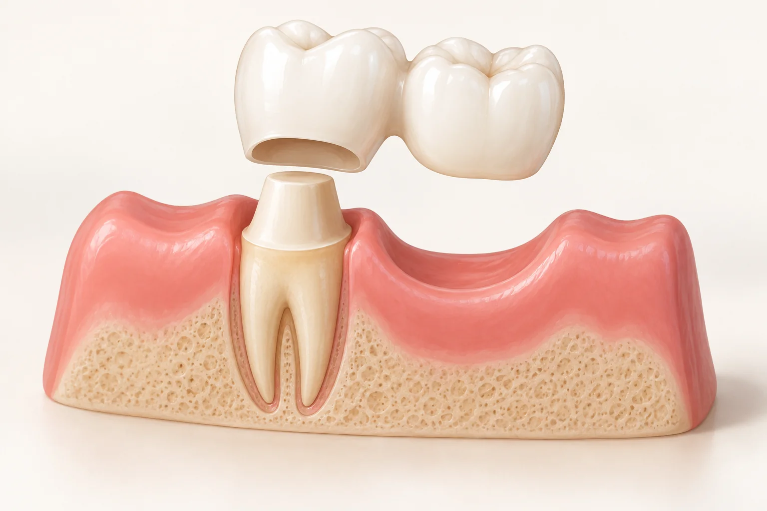 Simplified two-unit bridge with one supporting crown and an adjacent false tooth over a gap