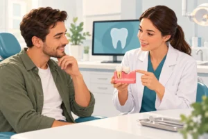 Illustration of a dentist discussing a dental bridge model with an adult patient