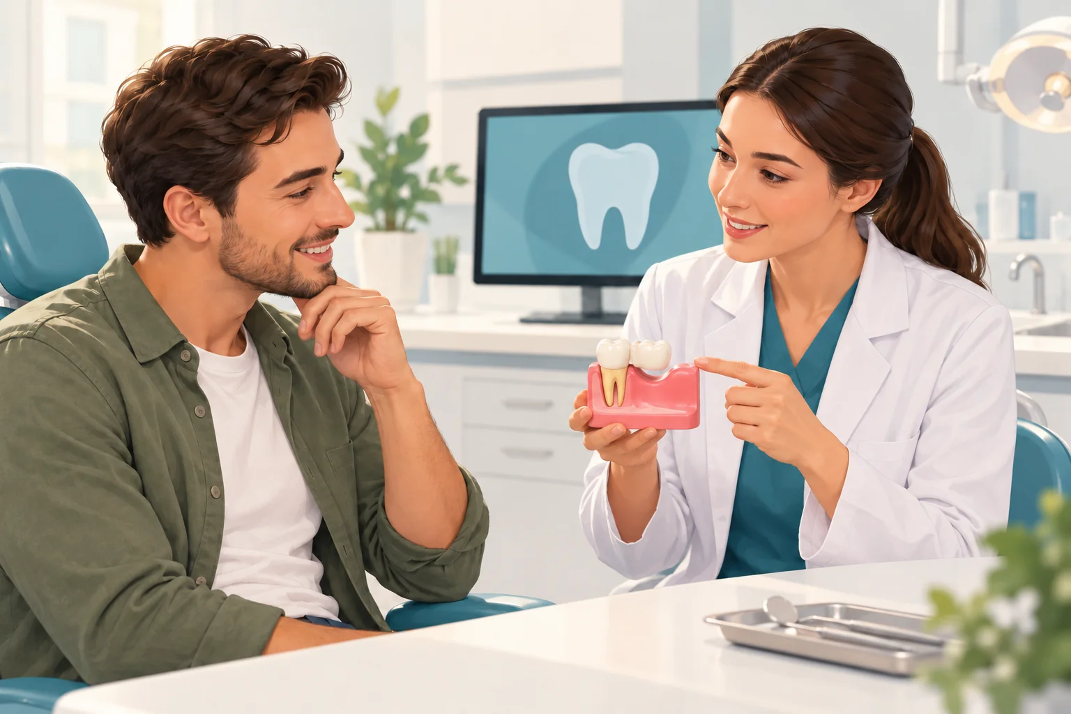 Illustration of a dentist discussing a dental bridge model with an adult patient
