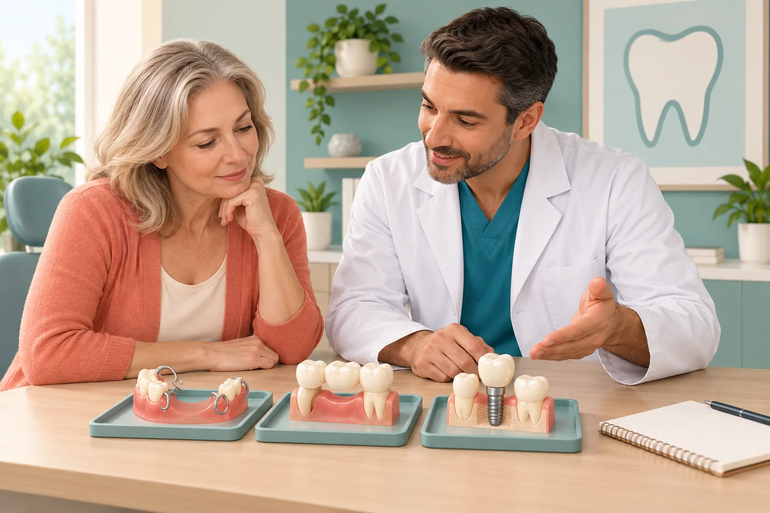 Patient and dentist comparing separate bridge, partial denture and implant models