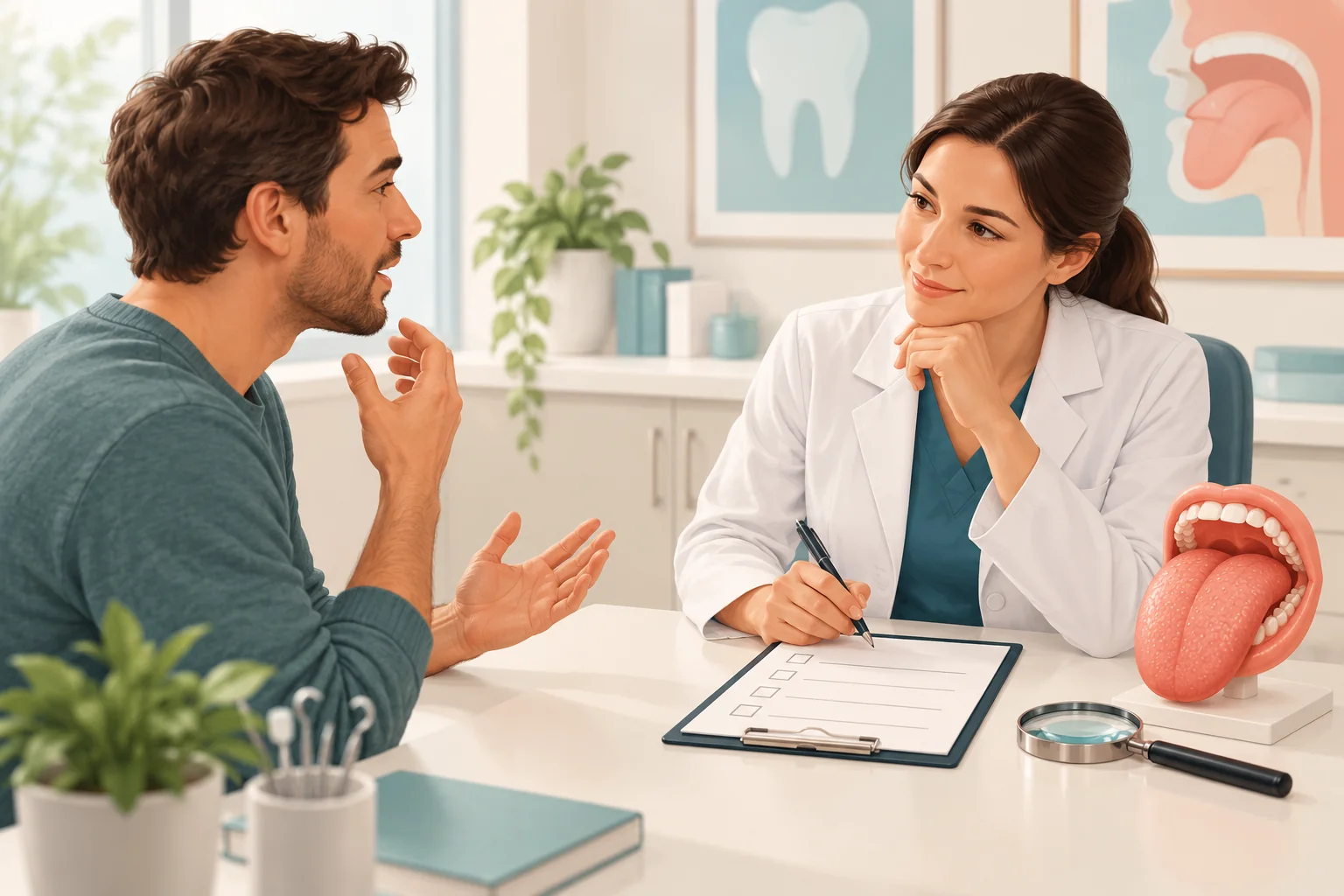 Dentist listening to an adult patient beside a blank checklist and generic tongue model
