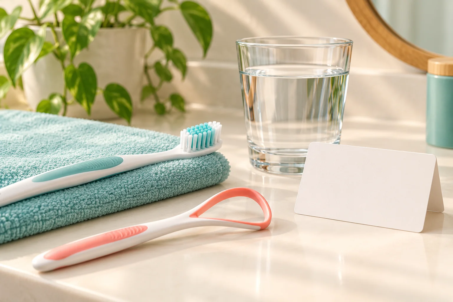 Soft toothbrush, unmarked tongue-cleaning tool, water and a blank appointment card