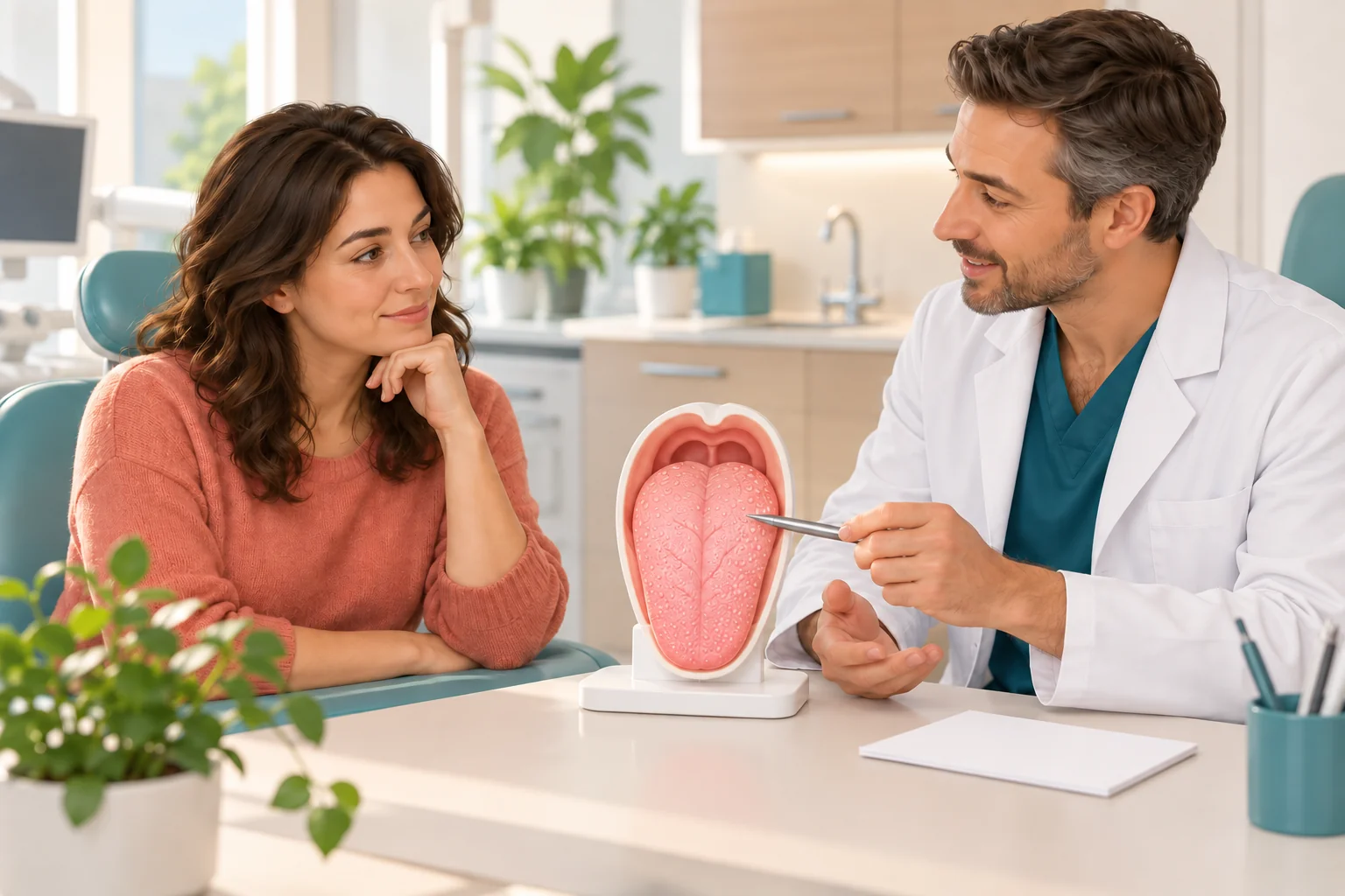 Illustration of an adult and dentist discussing tongue changes beside a simplified model