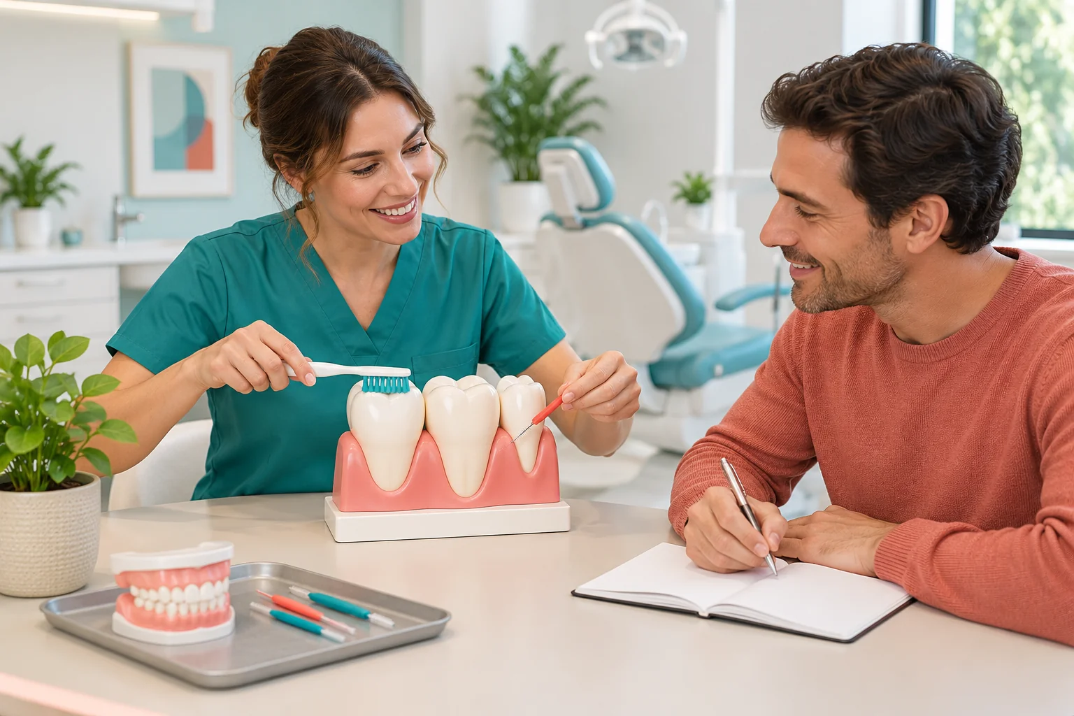 Hygienist explaining toothbrush and interdental brush use beside a model as a patient takes notes