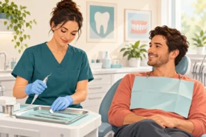 Illustration of a hygienist preparing a cleaning tray while an adult patient listens