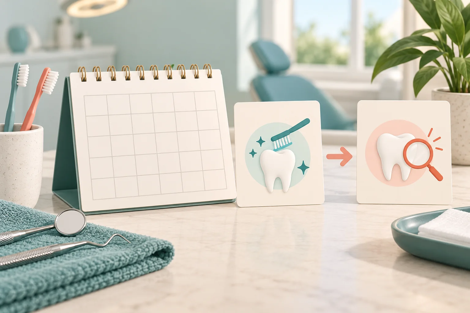 Blank calendar and tooth icons representing a cleaning visit and a later assessment