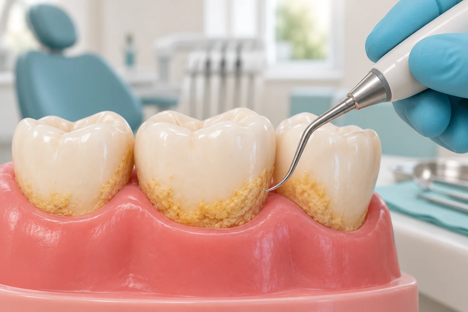 Gloved professional holding an ultrasonic scaler beside a three-tooth model with tartar deposits