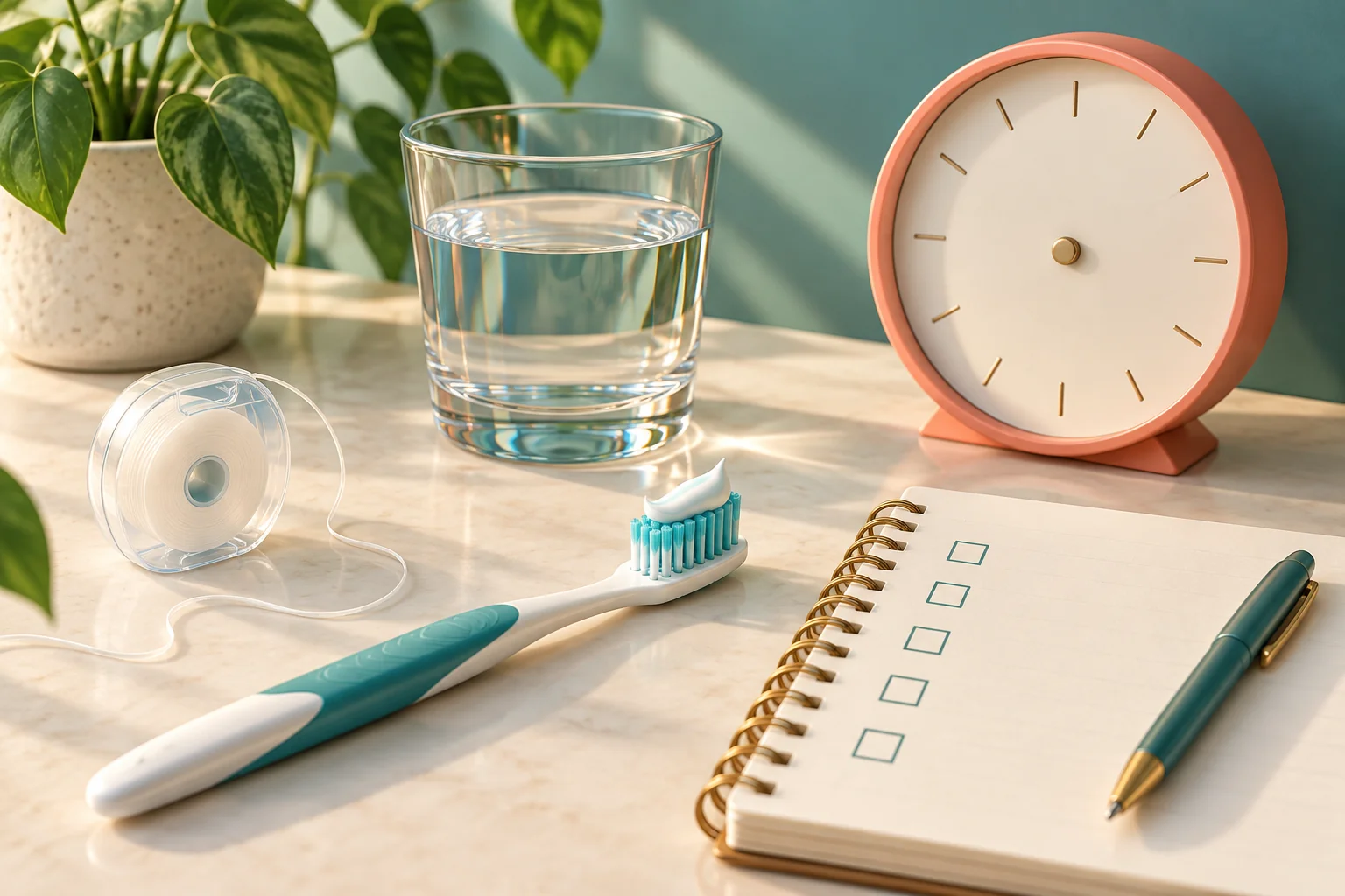 Toothbrush, floss, water and a dental filling aftercare checklist