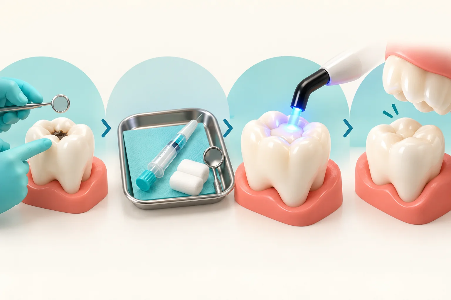How long does a filling take: illustrated examination, restoration and bite-check stages