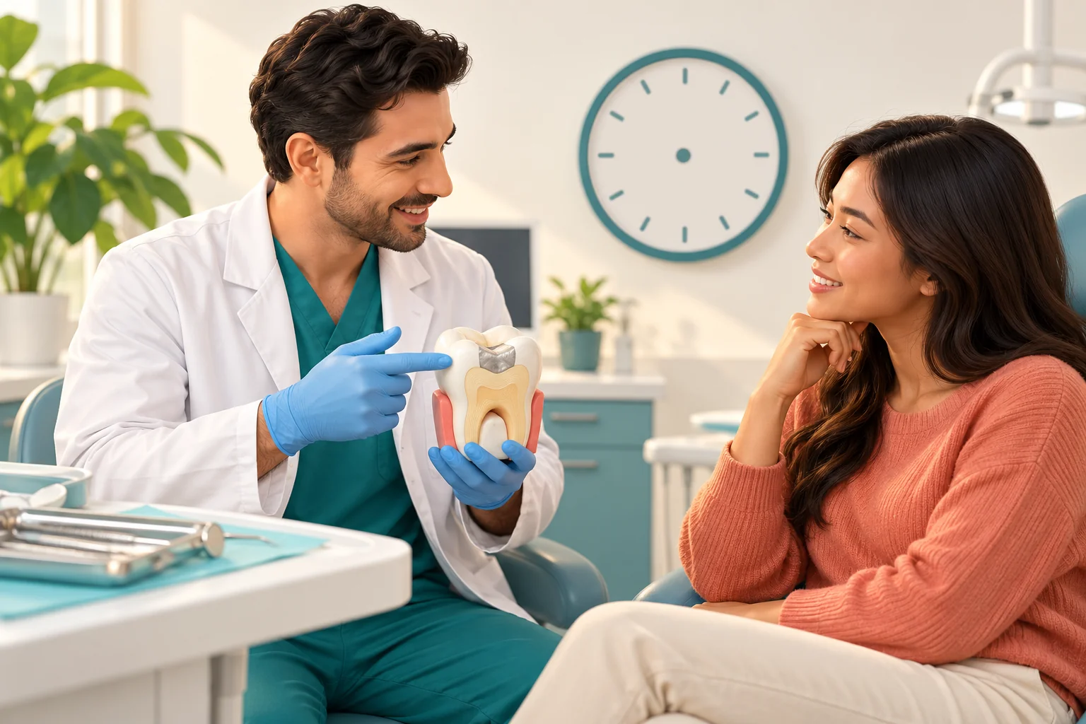 Illustration of a dentist explaining a filling appointment using a tooth model