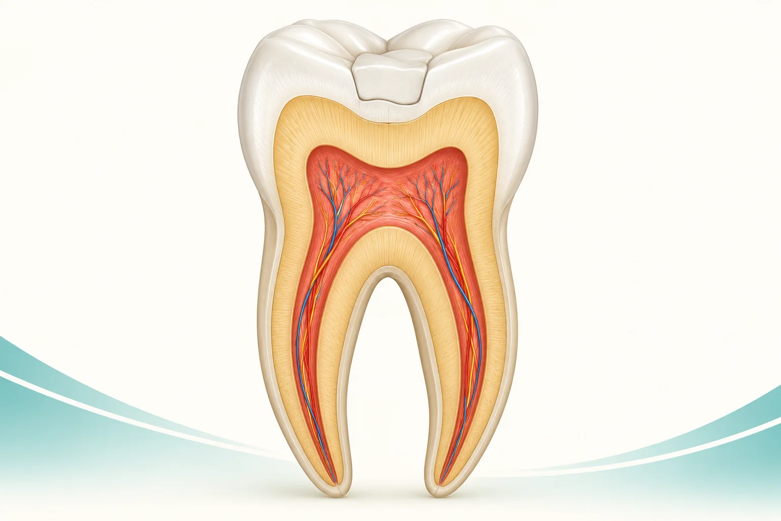 Simplified molar cross-section showing a tooth-coloured filling above the pulp