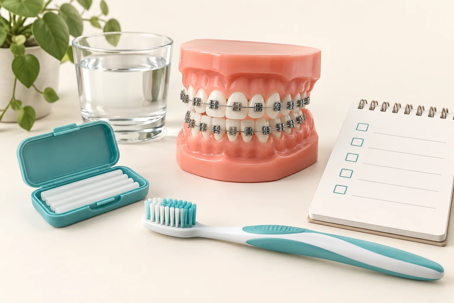 Toothbrush, orthodontic wax, water and an appointment checklist beside a braces model