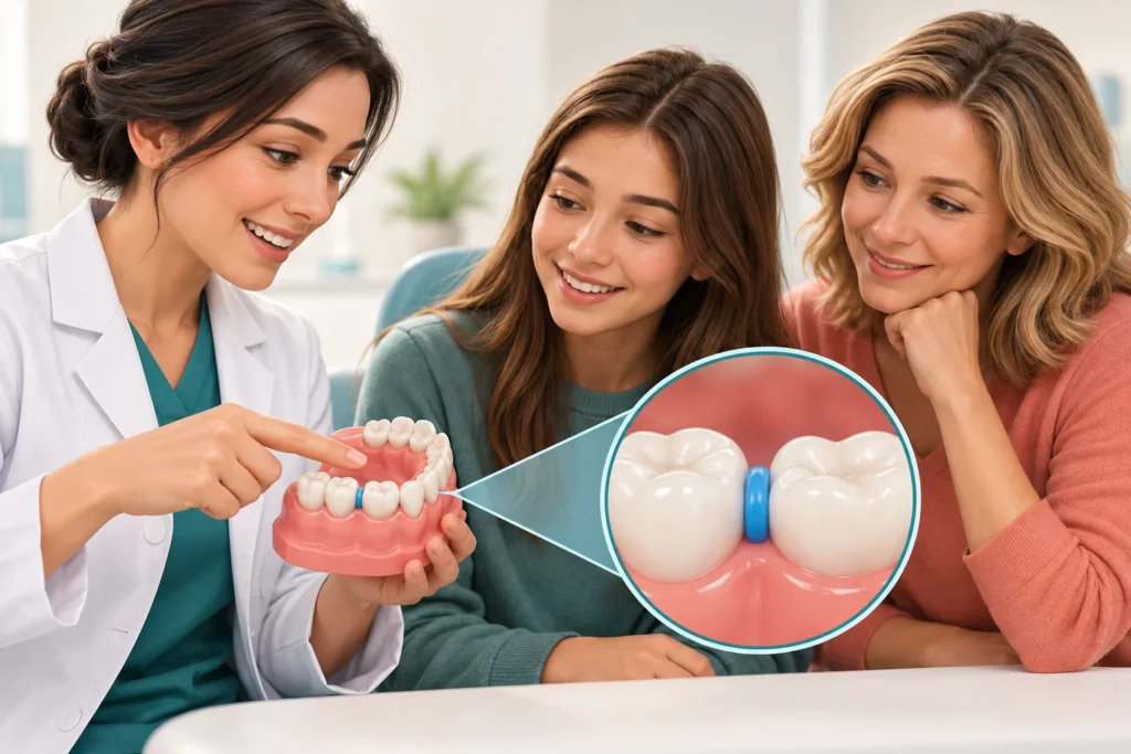 Illustration of an orthodontist explaining a spacer model to a teenager and parent