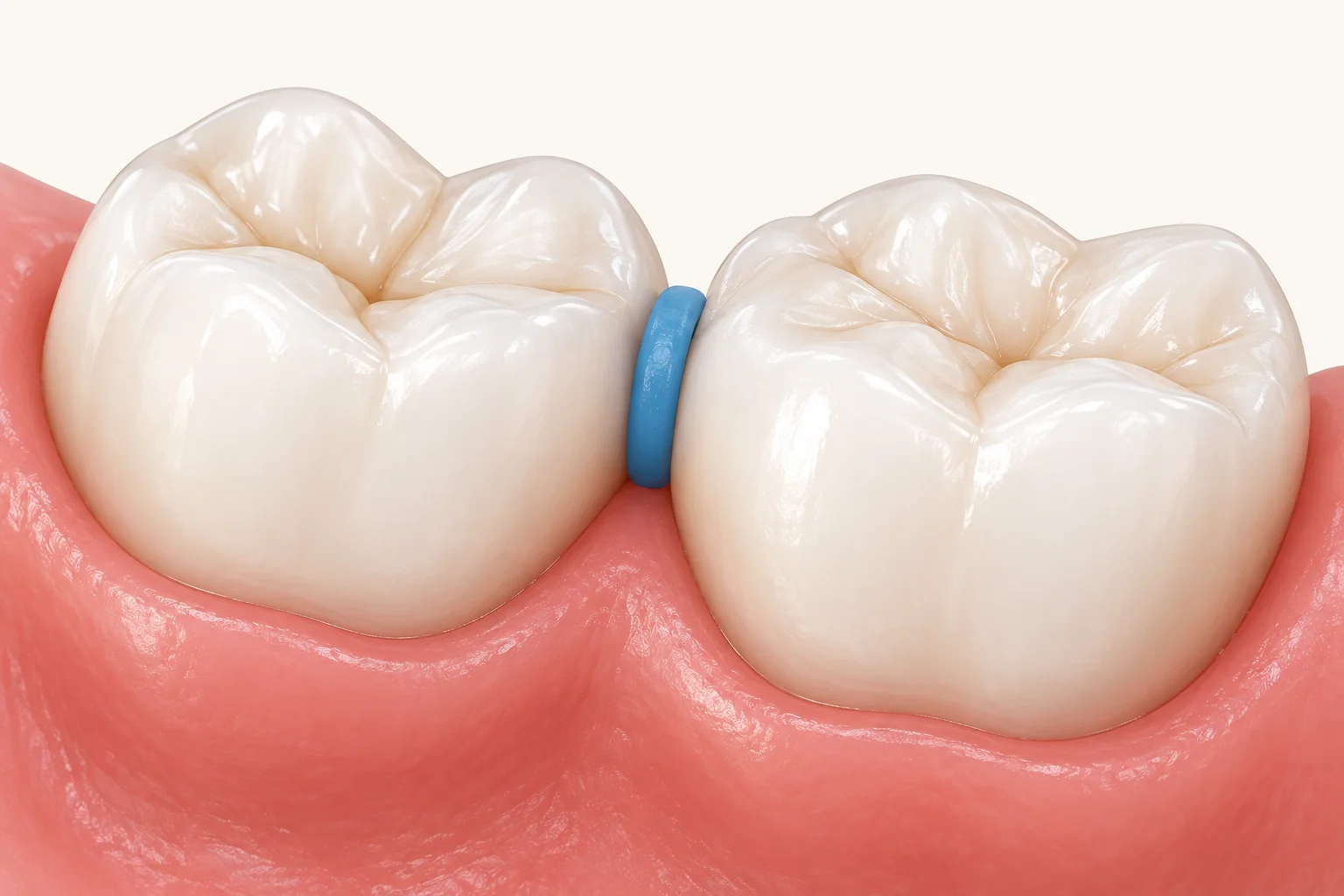 Illustration of a blue orthodontic separator between two molar crowns