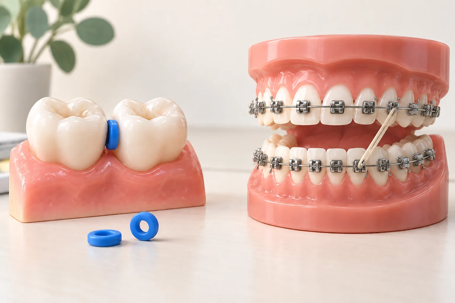 Two orthodontic models contrasting a separator between molars with an interarch elastic on braces