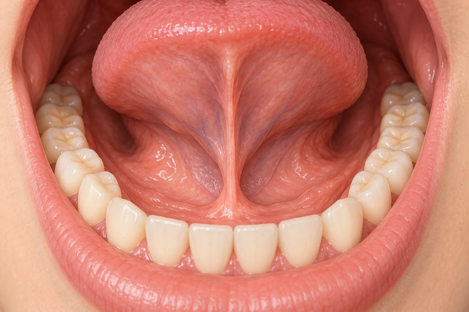 Simplified underside of a raised tongue with a central tissue fold connecting to the mouth floor