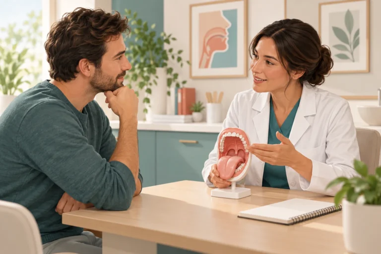Illustration of an adult discussing tongue function with an oral-health clinician