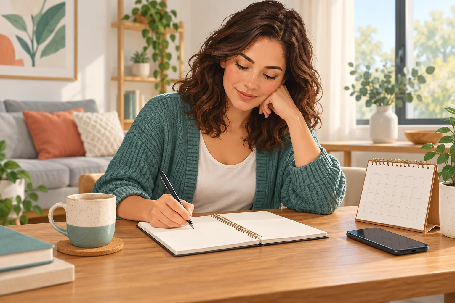 Adult writing appointment questions in a blank notebook beside a phone and calendar