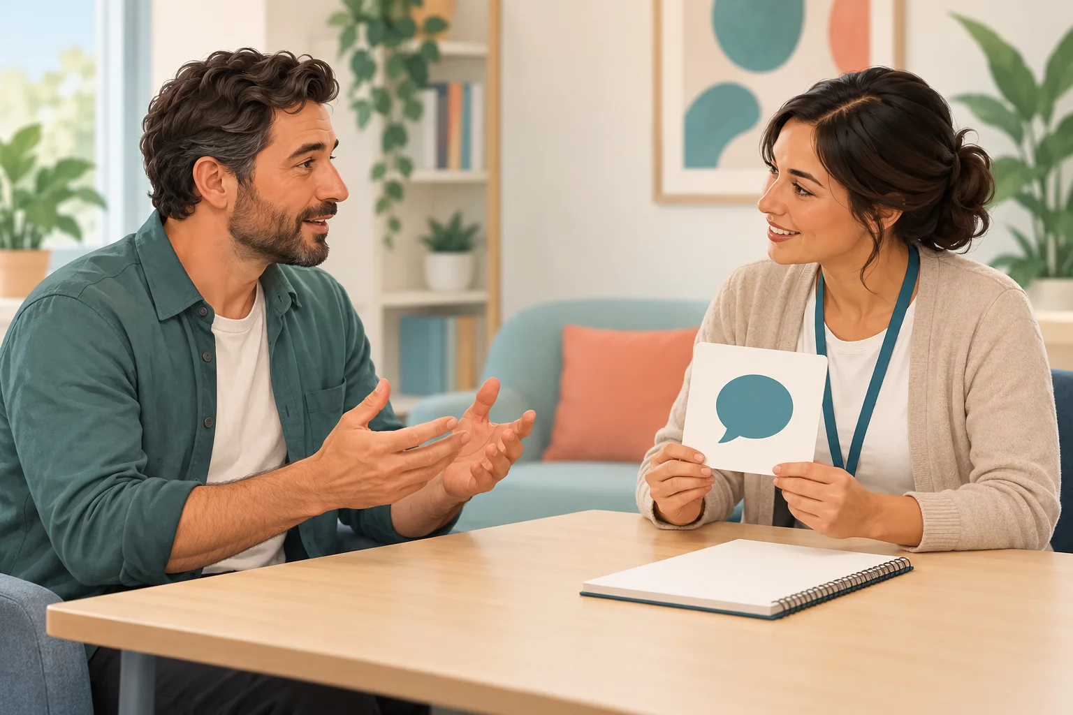 Adult and speech-language clinician discussing concerns beside a blank notepad