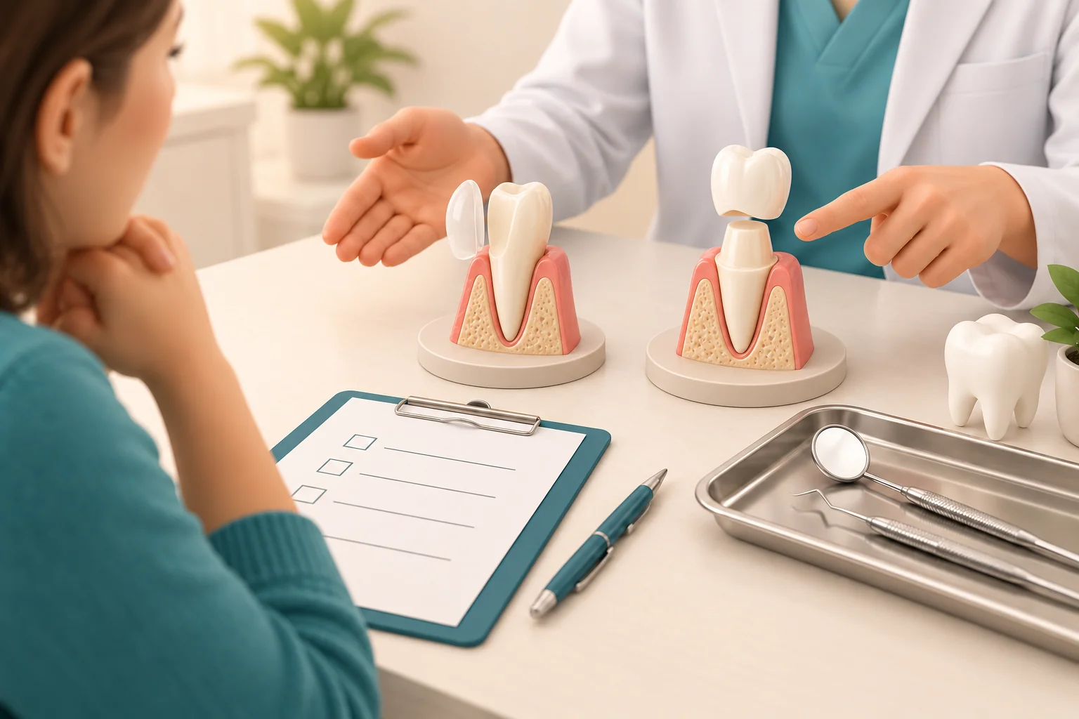 Dentist discussing a veneer model and crown model with a patient