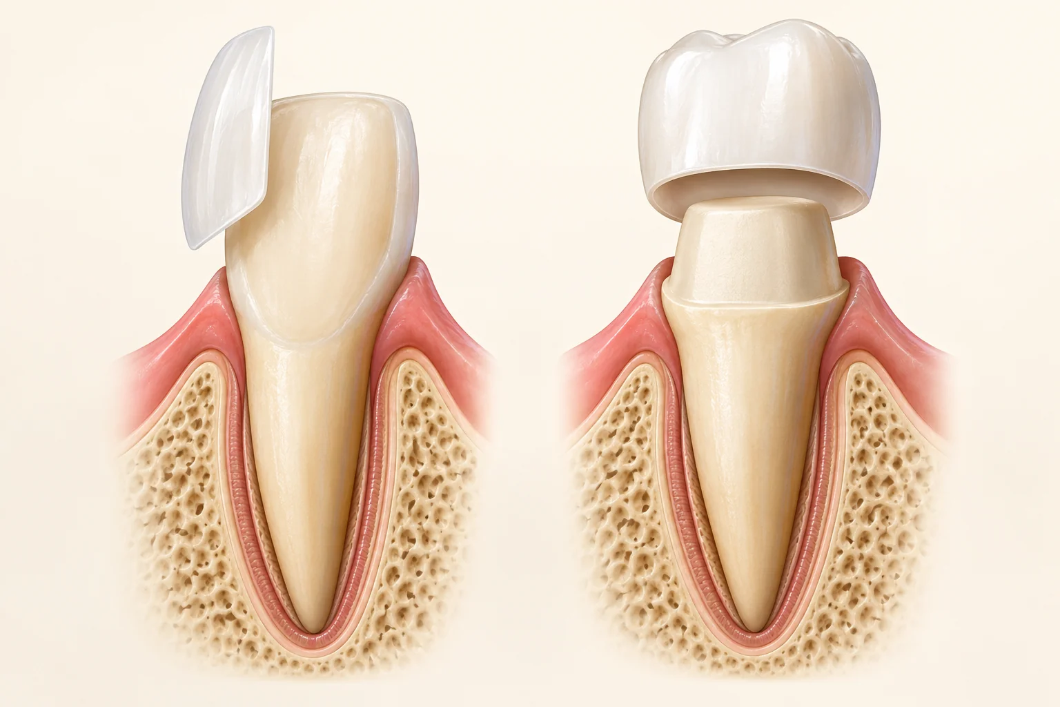 Veneers versus crowns schematic showing a thin front veneer and a cap over a prepared tooth