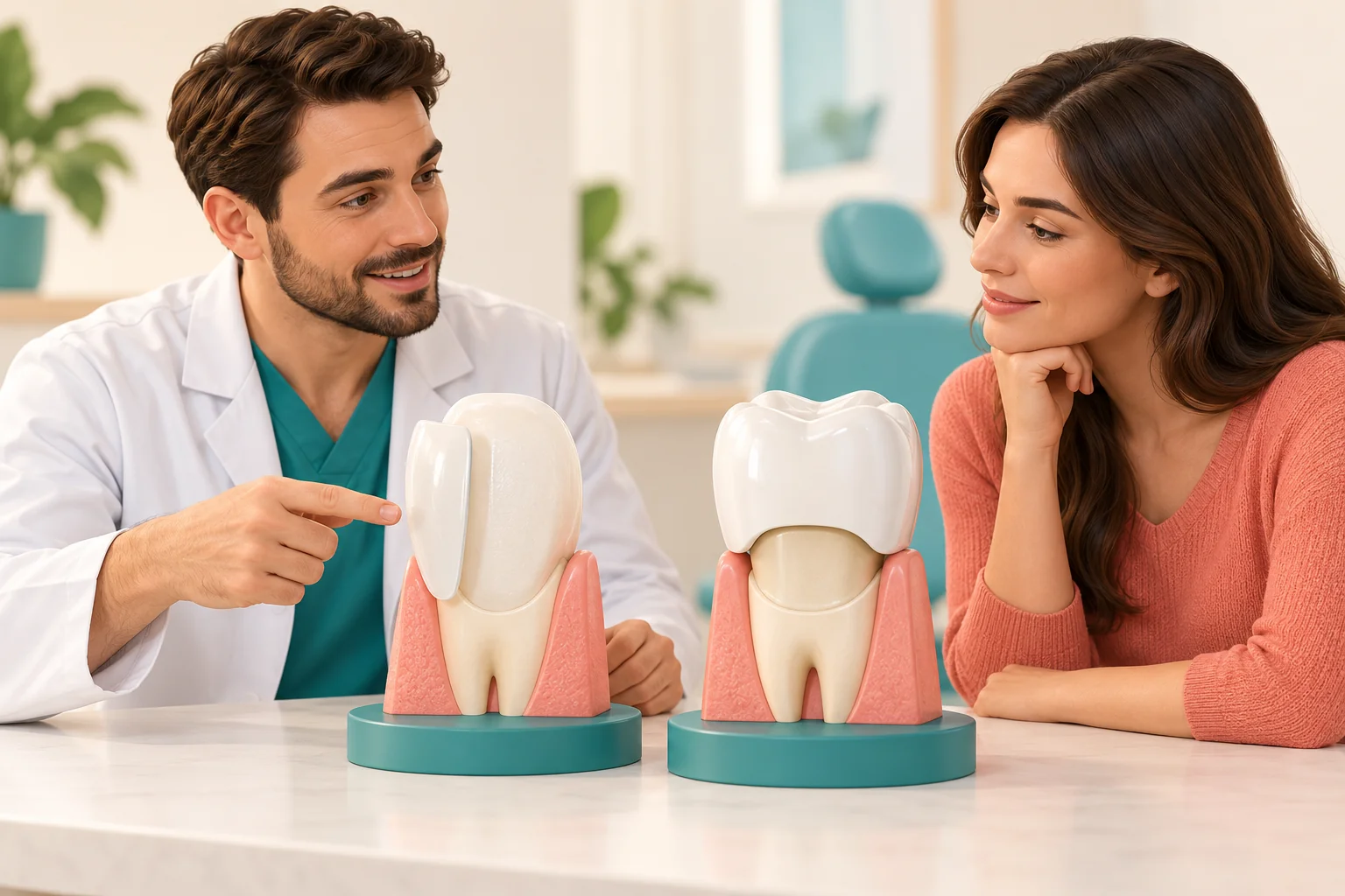Illustration of a dentist comparing a thin veneer and a full crown on tooth models