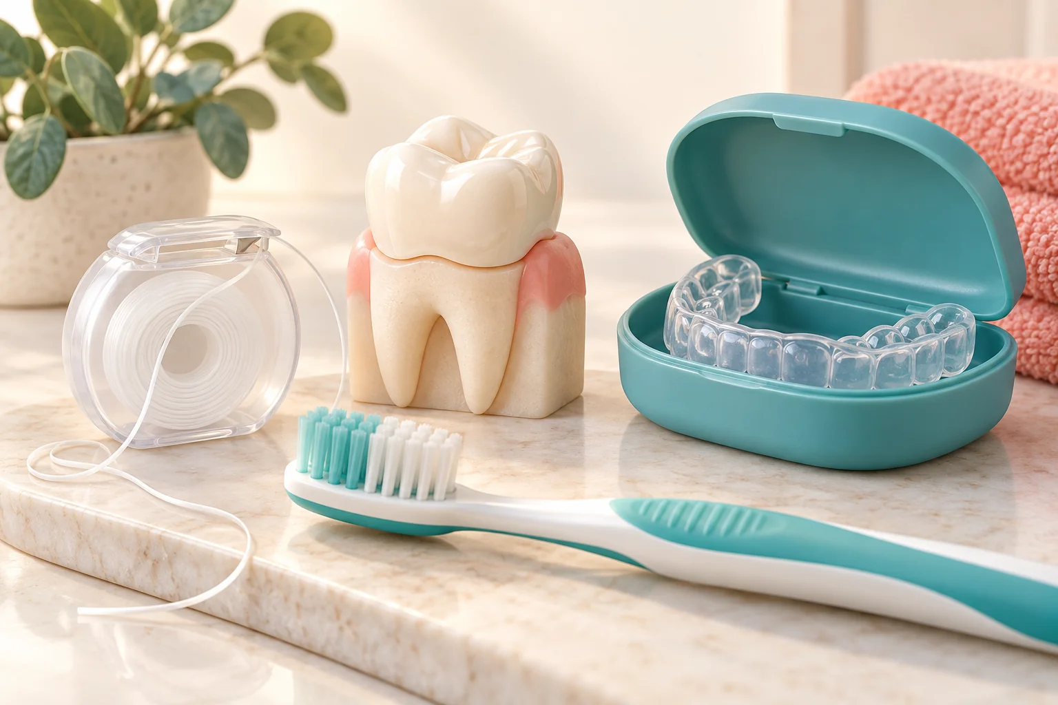 Toothbrush, floss, protective appliance and a restored tooth model