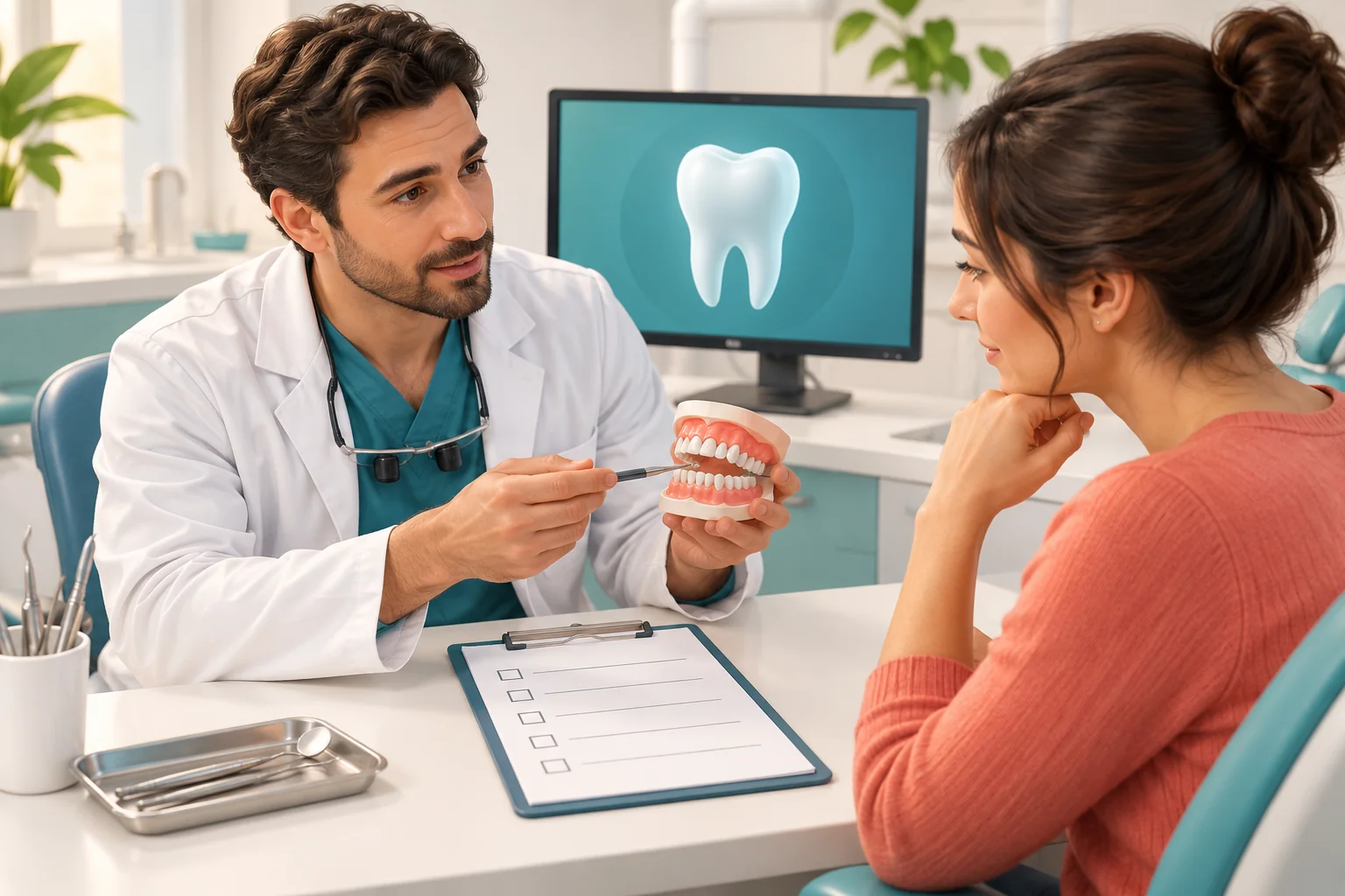 Dentist and patient discussing a tooth model and blank assessment checklist
