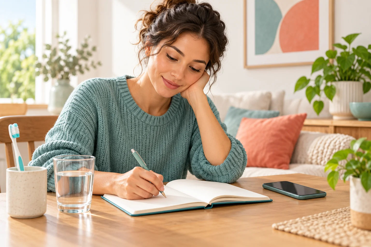 Illustration of a patient writing in a care notebook beside water and a toothbrush