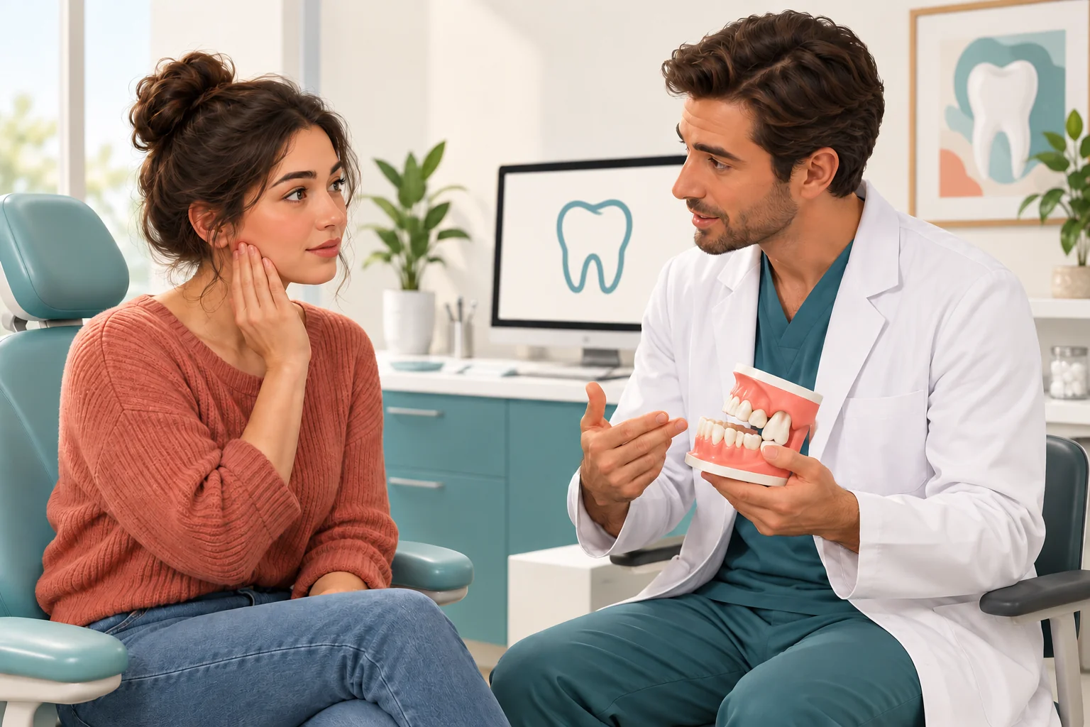 Illustration of a young adult discussing pain near the lower jaw with a dentist