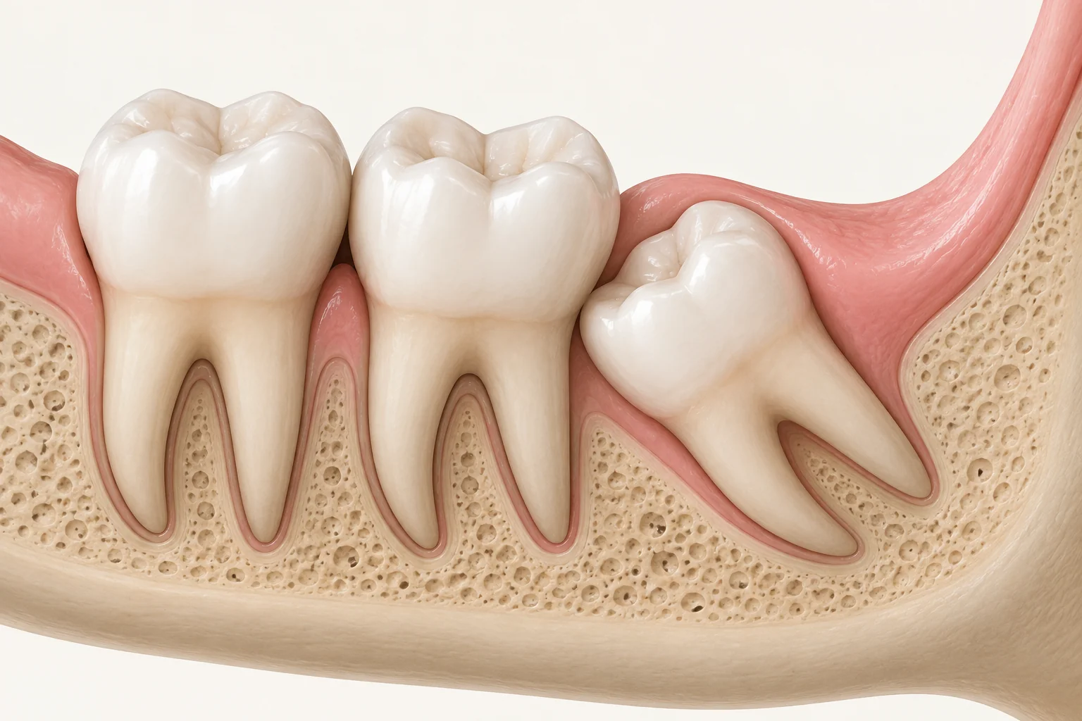 Simplified model of an angled lower wisdom tooth partly below the gumline