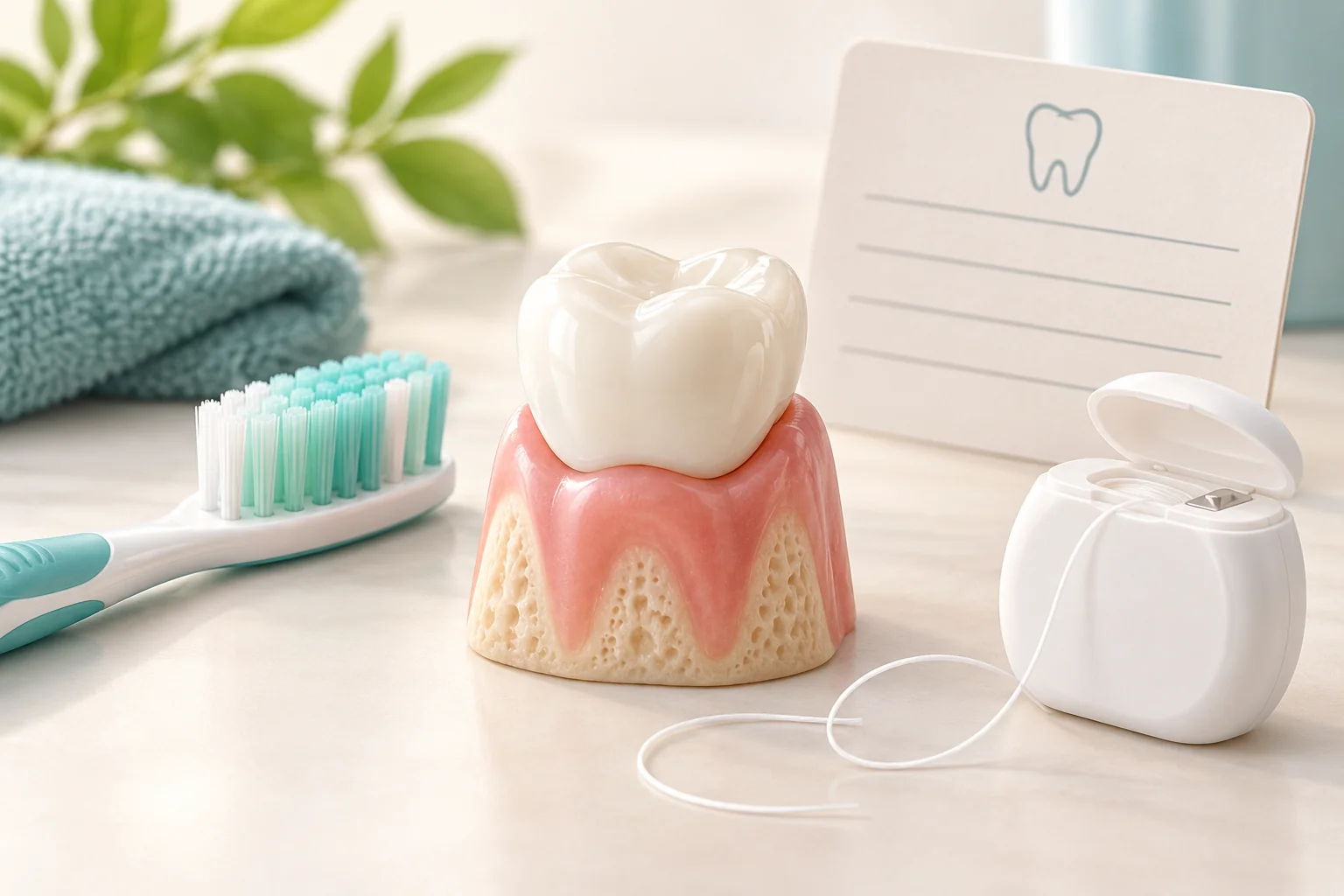 Ceramic crown model beside a soft toothbrush, floss and blank check-up card