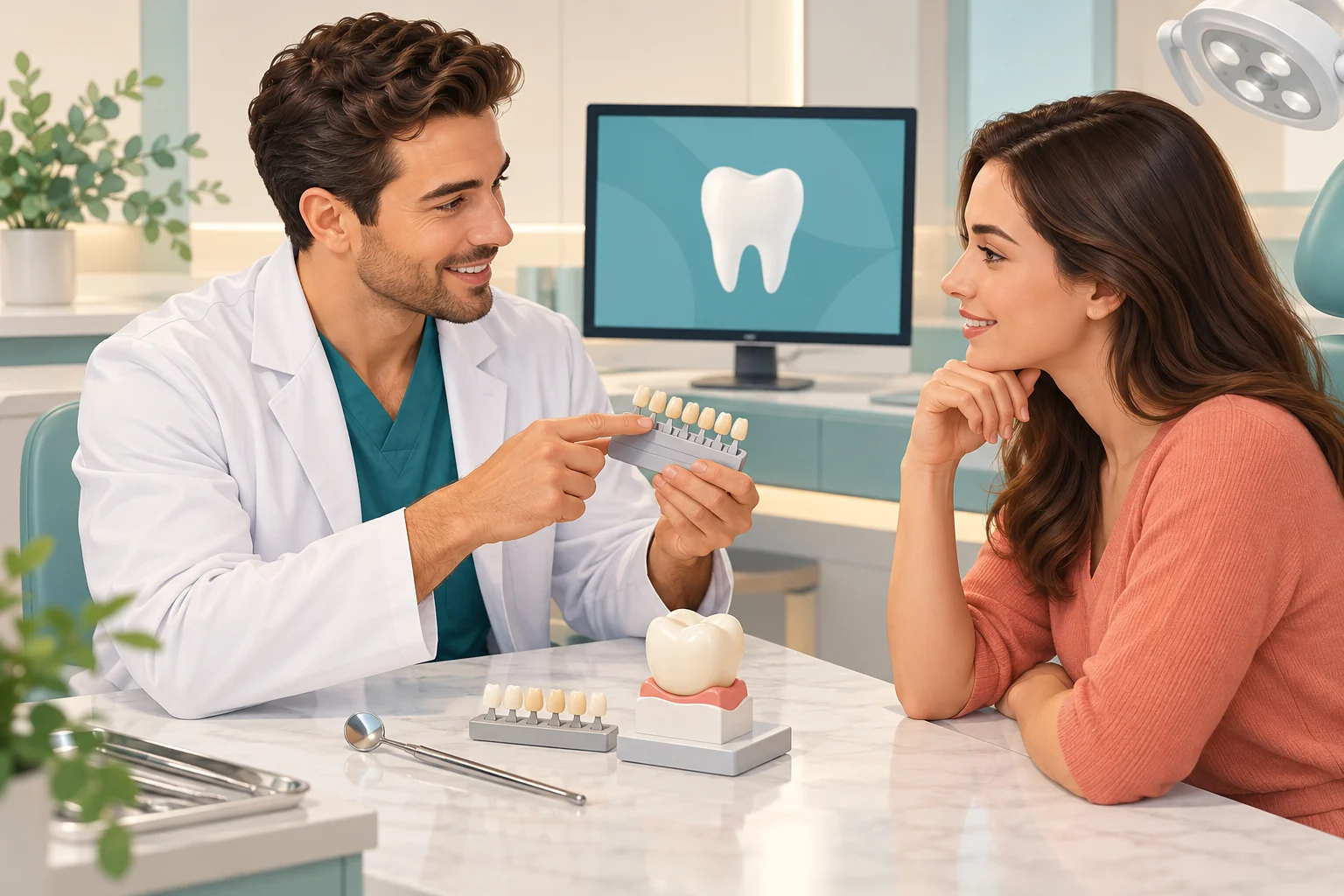 Illustration of a dentist and patient comparing ivory tooth shade samples
