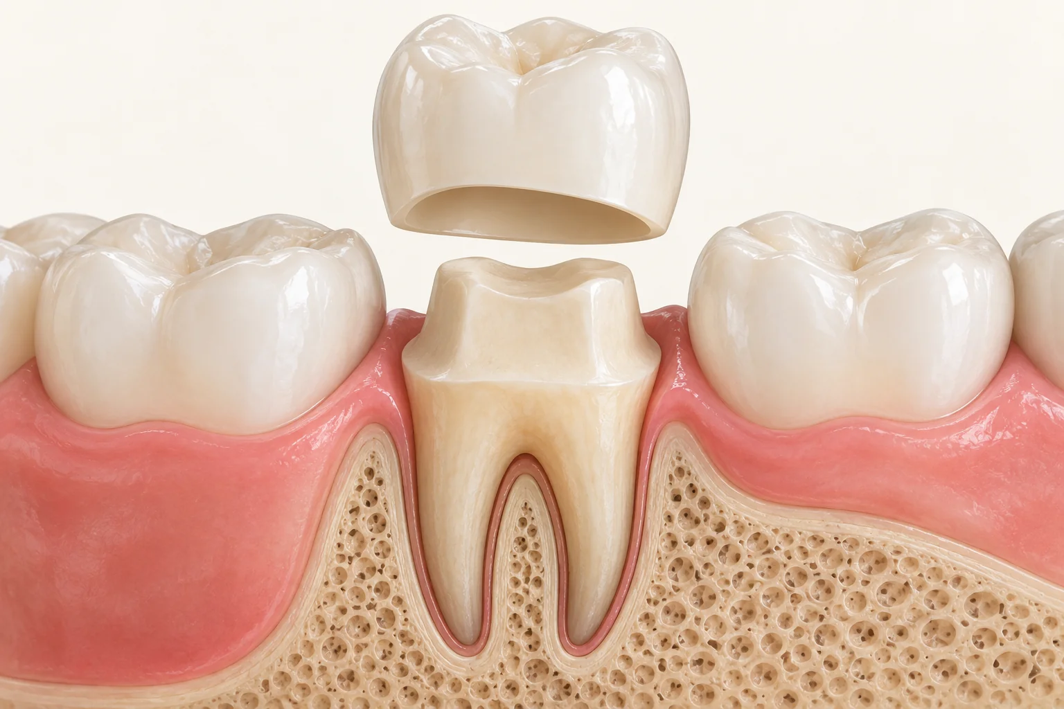 Simplified ceramic crown hovering above a prepared natural molar with two roots