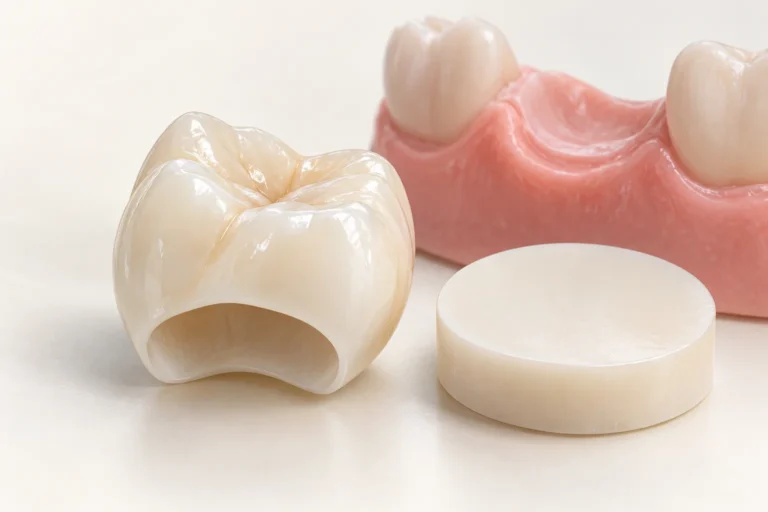 Tooth-coloured ceramic molar crown beside a plain ceramic sample and gum model